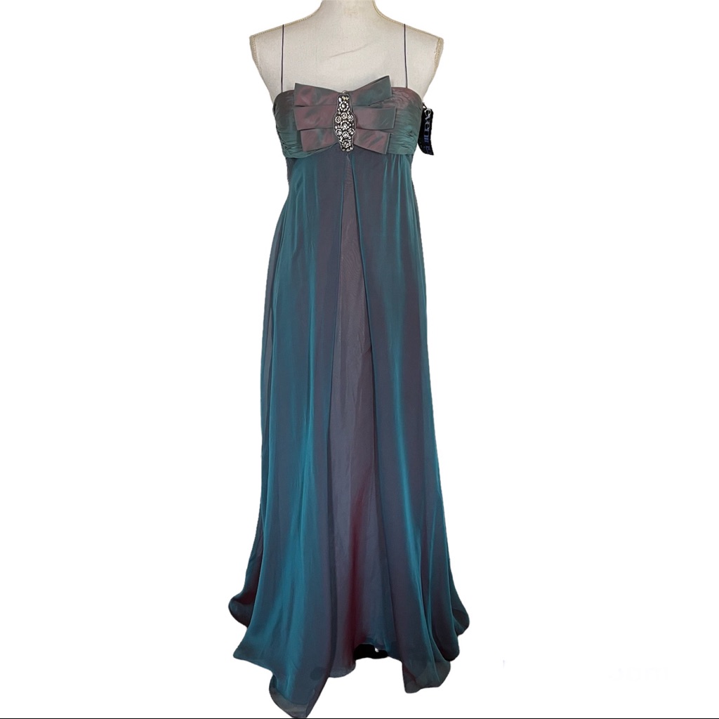 Nwd Teri Jon Teal Multi By Rickie Freeman Silk Embelished Gown Size 4